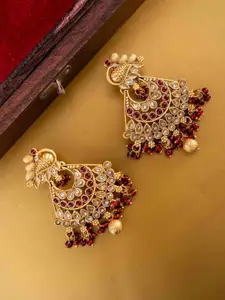 PANASH Gold-Plated Artificial Stones Studded & Beaded Crescent Shaped Drop Earrings