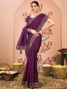 Satrani Printed Embroidered Pure Chiffon Bandhani Saree