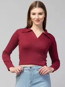 Trend Level Women Shirt Collar Ribbed Fitted Crop Top