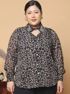 theRebelinme Women Plus Size Relaxed Fit Spread Collar Animal Printed Party Shirt