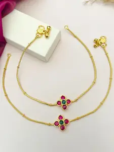 Anouk Set Of 2 Gold-Plated Stones Studded & Beads Anklets