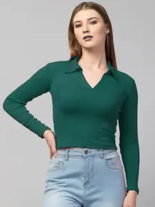 Trend Level Women Ribbed Shirt Collar Fitted Crop Top