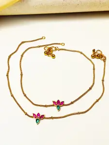 Anouk Set Of 2 Gold-Plated Stones Studded & Beads Anklets
