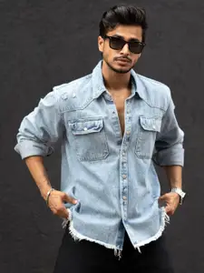 Powerlook Men Spread Collar Faded Cotton Casual Shirt