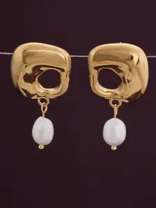 PALMONAS Gold Plated Pearls Studded Square Drop Earrings