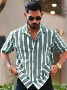 Maniac Men Comfort Oversized Fit Vertical Striped Cotton Casual Shirt