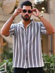 Maniac Men Relaxed Fit Cuban Collar Vertical Striped Casual Shirt