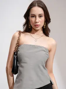 Tokyo Talkies Women Solid Cotton Asymmetric Hem Strapless Top