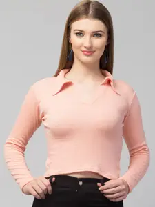 Trend Level Women Cotton Ribbed Shirt Collar Crop Top