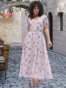 DressBerry Floral Print Puff Sleeve Georgette A-Line Maxi Dress