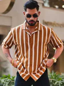 Maniac Men Comfort Oversized Fit Cuban Collar Vertical Striped Cotton Casual Shirt