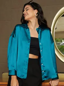 PINACOLADA Women Comfort Oversized Fit Spread Collar Solid Casual Shirt