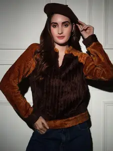 TANDUL Women Colourblocked Mandarin Collar Pullover Sweatshirt