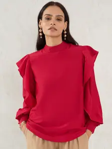 FEMMELLA Women Cotton Ruffles High Neck Cuffed Sleeves Top