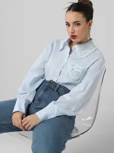 SHOWOFF Women Comfort Oversized Fit Spread Collar Solid Cotton Casual Shirt