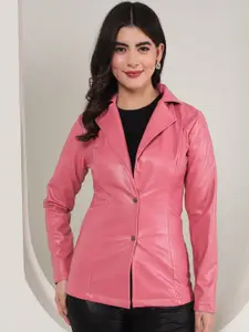 TANDUL Women Slim Fit Notched Lapel Single-Breasted Leather Blazer