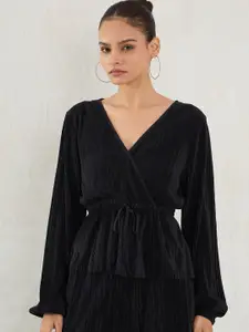 FEMMELLA Women V-Neck Bishop Sleeves Wrap Top