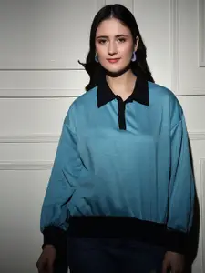 BAESD Women Colourblocked Shirt Collar Pullover Sweatshirt