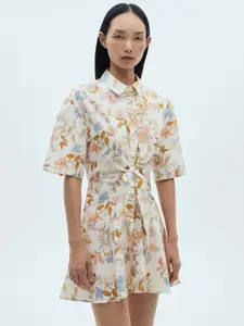 MANGO Knot Floral Print Cotton Mini Shirt Dress