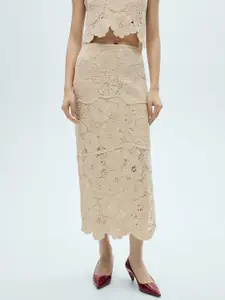 MANGO Floral Self-Design Pure Cotton Crochet Midi Straight Skirt with Side Slits