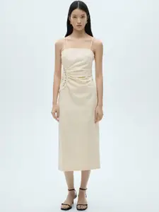 MANGO Crochet Detail Cotton Linen A-Line Midi Dress