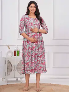 Akshara Fashion Women Ethnic Printed Maternity Fit & Flare Midi Dress