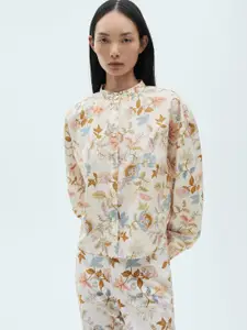 MANGO Floral Printed Drop-Shoulder Sleeves Pure Cotton Casual Shirt