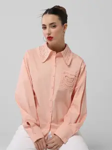 SHOWOFF Women Comfort Oversized Fit Spread Collar Solid Cotton Casual Shirt