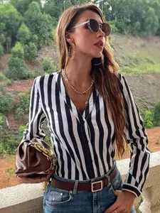 Stylecast X Slyck Women Comfort Collarless Vertical Striped Casual Shirt