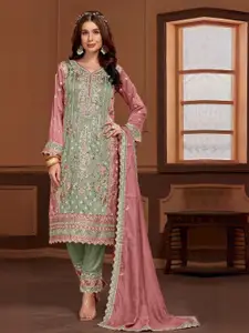 ODETTE Floral Embroidered Sequinned Semi-Stitched Dress Material