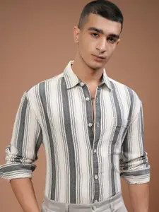 HIGHLANDER Men Relaxed Fit Spread Collar Vertical Striped Cotton Casual Shirt