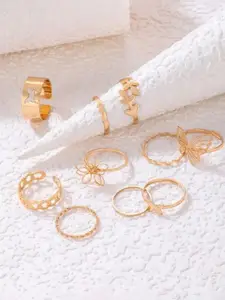 DressBerry Set Of 10 Gold Plated Stainless Steel Adjustable Stackable Finger Rings