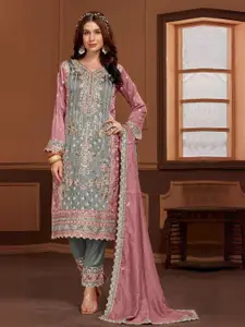 ODETTE Floral Embroidered Sequinned Semi-Stitched Dress Material