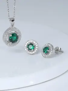 GIVA 925 Silver Rhodium-Plated CubicZirconia Studded Forest Green Shining Halo Pendant Set
