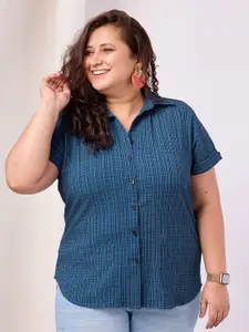 ONRA Women Plus Size Standard Spread Collar Micro Checked Elastane Casual Shirt