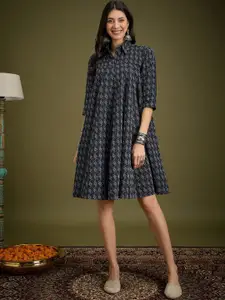 InWeave Women Printed Shirt Collar Cotton Fit & Flare Dress