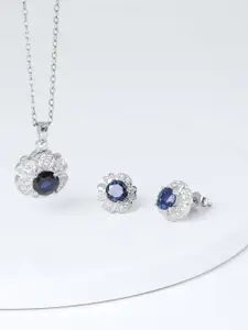 GIVA 925 Sterling Silver Rhodium Plated CZ Studded Royal Blue Bloom Pendant Set