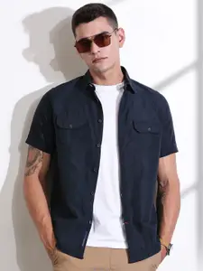 Thomas Scott Men Classic Slim Fit Spread Collar Solid Linen Casual Shirt