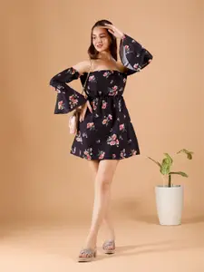 DressBerry Women Black Flower Print Poly Rayon Mini Dress