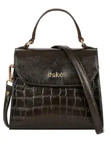 eske Women Brown Printed Flap Closure Compact Shape Small Leather Satchel Handbag