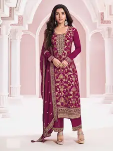 ODETTE Wine Viscose Rayon Floral Embroidered Zari Work Semi-Stitched Kurta Set For Women