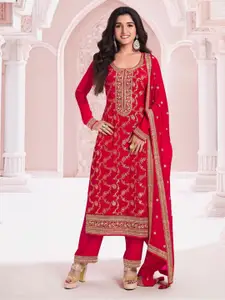 ODETTE Red Viscose Rayon Floral Embroidered Zari Work Semi-Stitched Kurta Set For Women