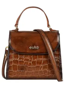 eske Women Tan Printed Flap Closure Compact Shape Small Leather Satchel Handbag
