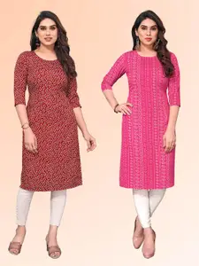 KETAKI FASHION Selection Of 2 Floral Printed Round Neck Straight Kurtas