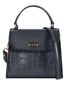 eske Women Navy Printed Flap Closure Compact Shape Small Leather Satchel Handbag