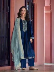 ODETTE  Women Dark Blue Velvet Floral Embroidery Sequinned Semi-Stitched Dress Material