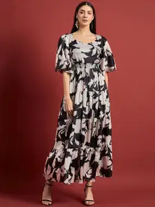 all about you Women Floral Printed Flared Sleeve Satin Fit & Flare Dress