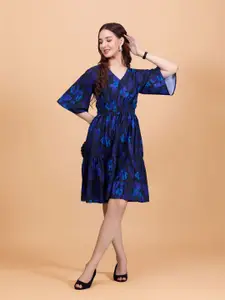 DressBerry Women Blue Floral Print Crepe Above Knee Dress