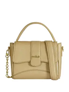 eske Women Gold Solid Flap Closure Adjustable Strap Leather Satchel Handbag