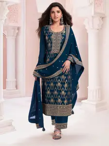 ODETTE Blue Viscose Rayon Floral Embroidered Zari Work Semi-Stitched Kurta Set For Women